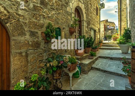 Alleys and stairways between stone houses and colorful flower boxes in the medieval village of Castel Trosino. Ascoli Piceno, Marche region, Italy, Eu Stock Photo