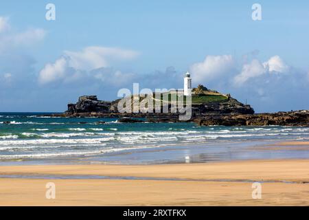 Low Tide, Beach View of  Godrevy Sands, with Godrevy Island and Lighthouse and Atlantic Surf, Nr. Hayle, Cornwall,UK. #2 Stock Photo