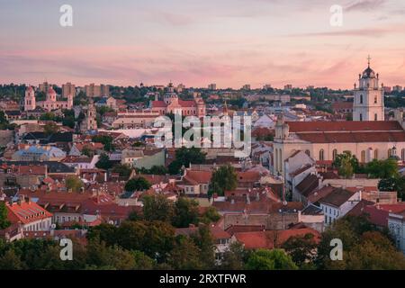 Sunset view of the Old Town from Gediminas Castle Tower, Vilnius, Lithuania Stock Photo