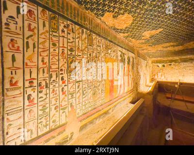 Reliefs and paintings in the tomb of Nefertari, the Great Wife of Pharaoh Ramesses II, Valley of the Queens, UNESCO World Heritage Site, Thebes Stock Photo