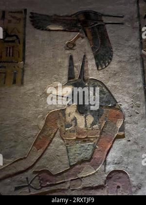 Reliefs and paintings in Tomb KV11, the tomb of ancient Egyptian Ramesses III, Valley of the Kings, UNESCO World Heritage Site, Thebes Stock Photo