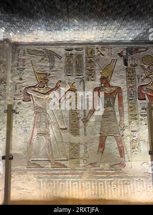 Reliefs and paintings in Tomb KV11, the tomb of ancient Egyptian Ramesses III, Valley of the Kings, UNESCO World Heritage Site, Thebes Stock Photo