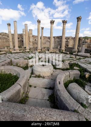 Columns in the ancient city of Jerash, believed to be founded in 331 BC by Alexander the Great, Jerash, Jordan, Middle East Stock Photo