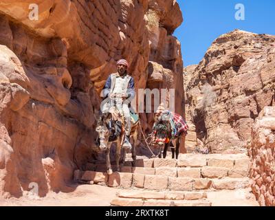 Donkeys on the path to The Petra Monastery (Al Dayr), Petra Archaeological Park, UNESCO, one of the New Seven Wonders of the World, Petra, Jordan Stock Photo