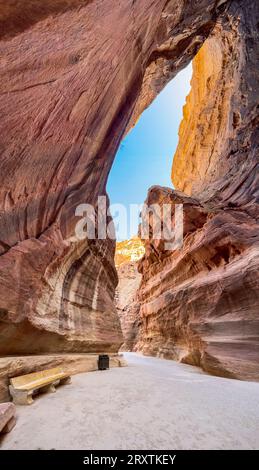 The Siq, entrance to Petra Archaeological Park, UNESCO World Heritage Site, one of the New Seven Wonders of the World, Petra, Jordan, Middle East Stock Photo
