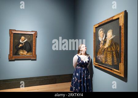 The National Gallery, London, UK. 27th Sept, 2023. The Credit Suisse Exhibition: Frans Hals runs from 30 Sept 2023-21 Jan 2024, the largest exhibition of the artists paintings for more than 30 years and includes epic large group portraits by the gifted Dutch Golden Age artist. Image (right):  Portrait of Catharina Hooft with her Nurse, 1619-20. Staatliche Museen zu Berlin. Credit: Malcolm Park/Alamy Live News Stock Photo