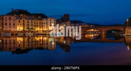 View over Temo River of Bosa and Malaspina castle, Oristano district, Sardinia, Italy, Mediterranean, Europe Stock Photo