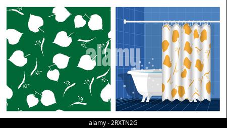 Bathroom interior with bathtub and curtain decorated black silhouettes of linden leaves seamless pattern. Leaves of linden tree. Vector illustration, Stock Vector
