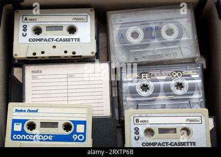 A box full of audio cassette tapes from above Stock Photo
