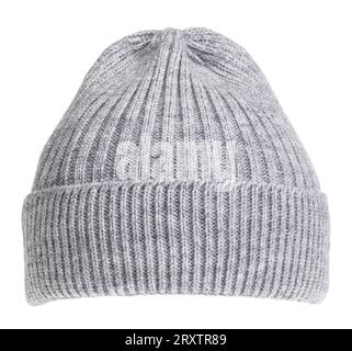 Heather grey knitted winter bobble hat of traditional design isolated on white background Stock Photo