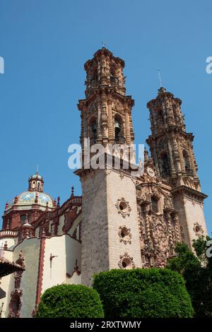 Churrigueresque Style Towers, Church of Santa Prisca de Taxco, founded 1751, UNESCO World Heritage Site, Taxco, Guerrero, Mexico, North America Stock Photo