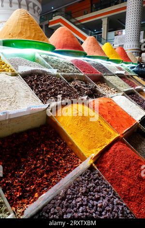 Spices and dried fruit for sale Central Market, Dushanbe, Tajikistan, Central Asia, Asia Stock Photo
