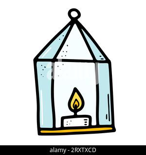 Doodle burning dripping wax candle. Hand-drawn candlestick decor on white background. Holiday, Valentines Day, Birthday, Christmas, cozy home, Hallowe Stock Vector