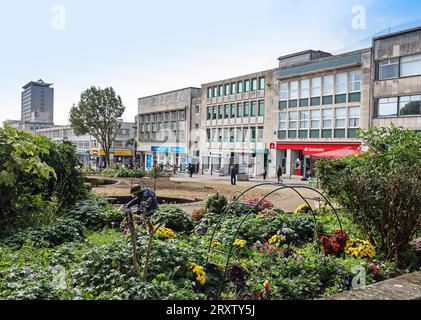 Plymouth’s Armada Way cutting through the main pedestrianised shopping centre with shops and street cafes. A clean up began on 21st September to remov Stock Photo