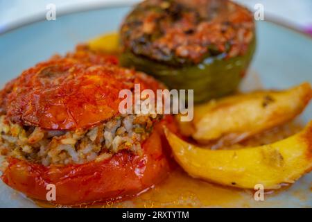 Yemista Greek stuffed peppers, Skala, Kefalonia, Ionian Islands, Greek Islands, Greece, Europe Stock Photo