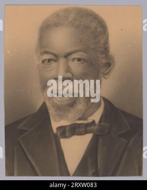 A black-and-white photographic crayon portrait of Squire May on thin fiberboard. He wears a dark colored three-piece suit, complete with jacket, vest, white collared shirt, and black bowtie. His hair has turned white with age and he has a full beard and mustache. The artist used charcoal and gray pastel, the former for enhancing and darkening and the latter for highlighting the photographic image. When placed alongside 2012.42.16.1, the two images show that it was at one time a single image with the man on the left and the woman on the right. Their shoulders overlap the central border and the Stock Photo