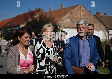 Czech President Petr Pavel (right) with his wife Eva Pavlova (centre) meet Jana Filipovicova (left), mayors of village Hrusky, Czech Republic, September 27, 2023, during the second day of visit to South Bohemia and Vysocina regions. Village Hrusky hit by tornado last year.  (CTK Photo/Vaclav Salek) Stock Photo