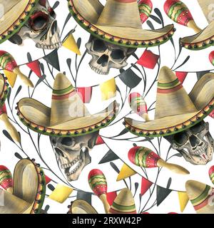 Human skulls in a sombrero hat, maracas, garland flags, branches. Hand drawn watercolor illustration for day of the dead, halloween, Dia de los Stock Photo