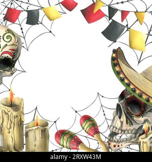 Human skulls, in a sombrero hat with maracas, garlad flags, candles and cobwebs. Hand drawn watercolor illustration for day of the dead, halloween Stock Photo