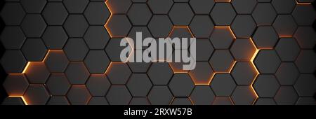 Luxury abstract hexagonal black background with gold glow. Banner 3d rendering Stock Photo