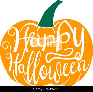 Greeting card with stylized typography Happy Halloween carved on pumpkin drawing in flat style Stock Vector
