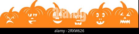 Halloween greeting card decoration with happy pumpkin faces drawing in flat style Stock Vector