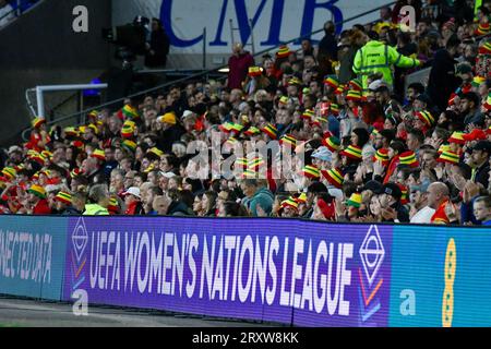 Cardiff, Wales. 26 September 2023. Wales fans during the UEFA Women's Nations League match between Wales and Denmark at the Cardiff City Stadium in Cardiff, Wales, UK on 26 September 2023. Credit: Duncan Thomas/Majestic Media. Stock Photo