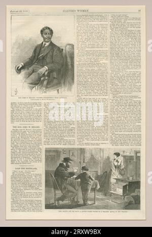 Page 53 from the January 23, 1869 edition of Harper's Weekly. The page contains 1/4 page illustration of the honorable John W. Menard in the upper let corner. He is wearing a suit and sitting in a chair with both his arms resting on the armrests. The image in the bottom right corner is of a man sitting at a table and reading. A child is standing next to him. Also in the image is a woman holding a kettle and a teacup, standing next to a stove. The page is matted inside a wood frame. Stock Photo