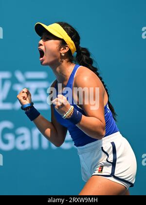 Alex Eala of the Philippines is seen during the 19th Asian Games Tennis Woman Single match against Kyoka Okamura (not in the photo) of Japan held at the Hangzhou Olympic Sports Centre Tennis Centre. Final score Eala 2:1 Okamura. Stock Photo