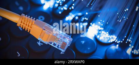 Internet cable, fiber optics concept. High speed fiber optic internet concept Stock Photo