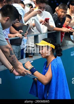 Alex Eala of the Philippines is seen during the 19th Asian Games Tennis Woman Single match against Kyoka Okamura (not in the photo) of Japan held at the Hangzhou Olympic Sports Centre Tennis Centre. Final score Eala 2:1 Okamura. (Photo by Luis Veniegra / SOPA Images/Sipa USA) Stock Photo