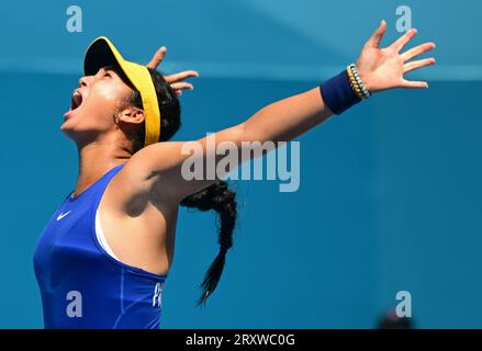 Alex Eala of the Philippines is seen during the 19th Asian Games Tennis Woman Single match against Kyoka Okamura (not in the photo) of Japan held at the Hangzhou Olympic Sports Centre Tennis Centre. Final score Eala 2:1 Okamura. (Photo by Luis Veniegra / SOPA Images/Sipa USA) Stock Photo