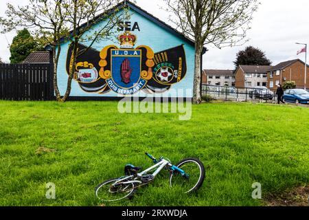 Loyalist mural for UDA - Ulster Defence Association, Ballyclare, County Antrim, Northern Ireland. Stock Photo