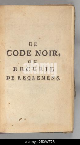 Bound 446 page volume of 1767 "Le Code Noir" or "Black Code" with a red leather spine. The book covers are wrapped in a blue-green marbled paper and the edges are slightly worn. On the spine is embossed text in gold, above the center [LE / CODE NOIR]. Also on the spine are five sets of embossed lines, at regular intervals, with impressions of stylized foliage between each. Within the front cover are various marks in pencil near the top of the cover and pages [48056 / caribbean slavery / 4750 / ANAXVS / KK]. The interior pages are in tact but slightly water stained. Stock Photo