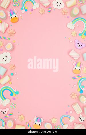 Pink kawaii background with frame made of cute air plasticine cartoon ...