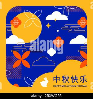 Korean Mid Autumn Festival - Chuseok. Mooncakes, bunnies rainbows and flowers. Flat geometric style background and poster. Vector design Stock Vector