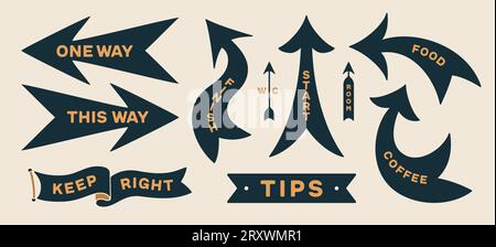 Arrow set. Collection vintage sign, arrow, symbol and graphic element. Design arrow, direction sign, icon for decorative design. Hand-drawn graphics with text, vintage graphic. Vector Illustration Stock Vector