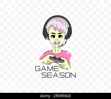 Boy, teenager plays video games in anime style, colored graphic design. Playing, gaming, gamer, amusement, in headphones and with joystick Stock Vector