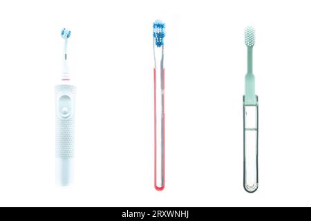 electric toothbrush, regular toothbrush and portable toothbrush isolated on white background Stock Photo