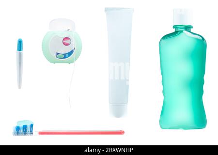 toothpaste mouthwash toothbrushes interdental brush and dental floss isolated on white background. Oral hygiene Stock Photo