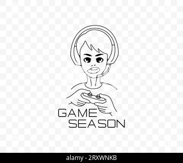 Boy, teenager plays video games in anime style, linear graphic design. Playing, gaming, gamer, amusement, in headphones and with joystick Stock Vector