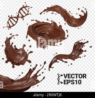 3D Chocolate splash isolate realistic vector eps set swirl and drop gene flow Stock Vector