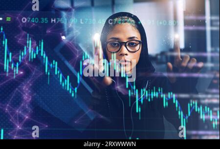 Code, information technology and woman with digital transformation and programming database on screen. Overlay, server and programmer coding, data Stock Photo