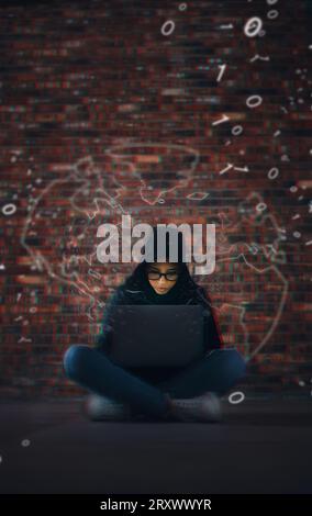 Hacker, coding overlay and woman on laptop in dark for cybersecurity, phishing and crime. Information technology, mockup and person on computer for Stock Photo