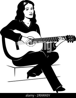 Silhouette of sitting woman playing on acoustic guitar and singing. Black and white stencil vector clipart. Stairs is the separate object. Stock Vector