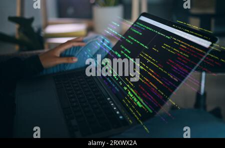 Hands, code overlay and laptop screen with cybersecurity, hacker and software data analysis. Person, programmer and computer work with firewall system Stock Photo