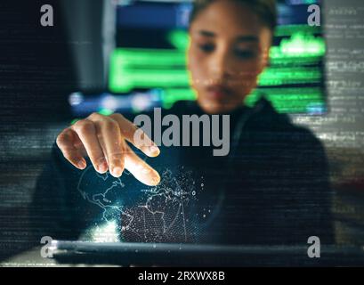 Hacker, woman and hand with global network hologram, information technology and database with digital transformation. Cybersecurity, programming or Stock Photo