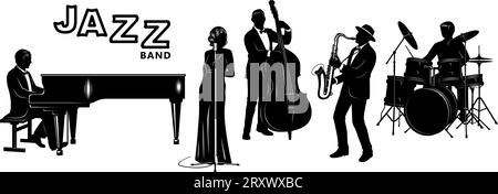 Jazz Band Silhouettes Set. Pianist, Singer, Double Bassist, Saxophonist, Drummer. Vector cliparts. Stock Vector