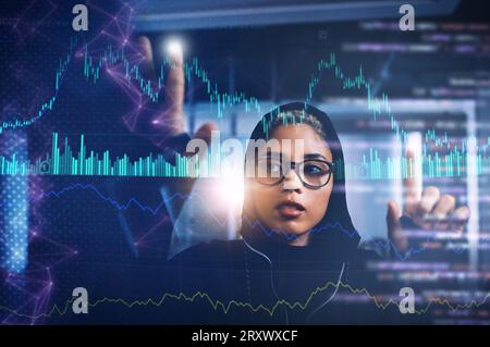Code, information technology and woman with digital transformation and data science, programming database on screen. Overlay, fingerprint and Stock Photo