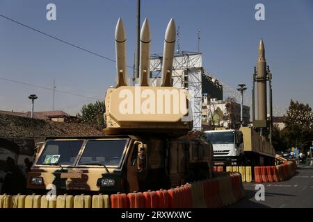 September 26, 2023, Tehran, Iran: An Iranian surface-to-surface missile (R), and anti-aircraft missiles are pictured, during a military exhibition commemorating the Iran-Iraq war (1980-88) anniversary, at Baharestan Square in downtown Tehran. Military equipment displayed by Iran's army and paramilitary Revolutionary Guard to celebrate 'Defence Week' marking the 43rd anniversary of the start of the 1980-88 Iran-Iraq war. Iran, which has for years been under crippling US and Western sanctions, has developed a vast domestic arms industry, with a large arsenal of missiles and drones. (Credit Image Stock Photo